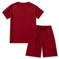 thumbnail image 4 of Aobny Modal Fashion Men's Pajamas Red 2 Piece Sleepwear Sets Solid V-Neck Wide-Leg Short Sleeve Short Pjs for Adult Home, 4 of 4