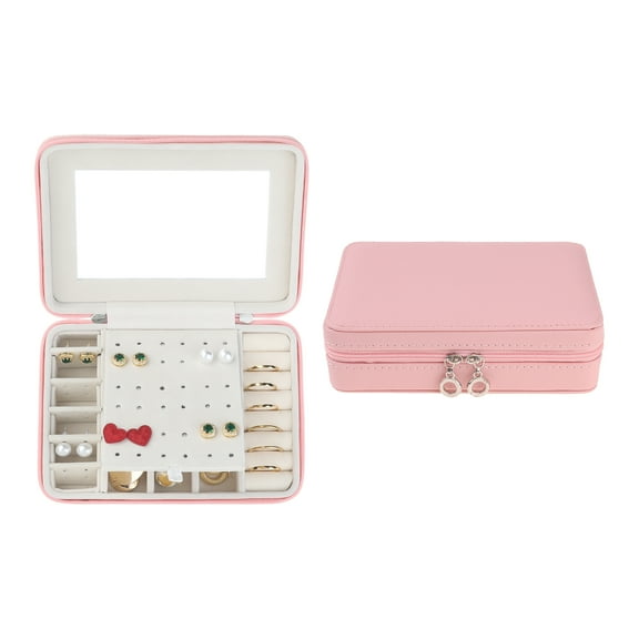 REGALWOVEN Travel Accessory Box with Mirror, Small Portable PU Leather Accessory Organizer Case Pink