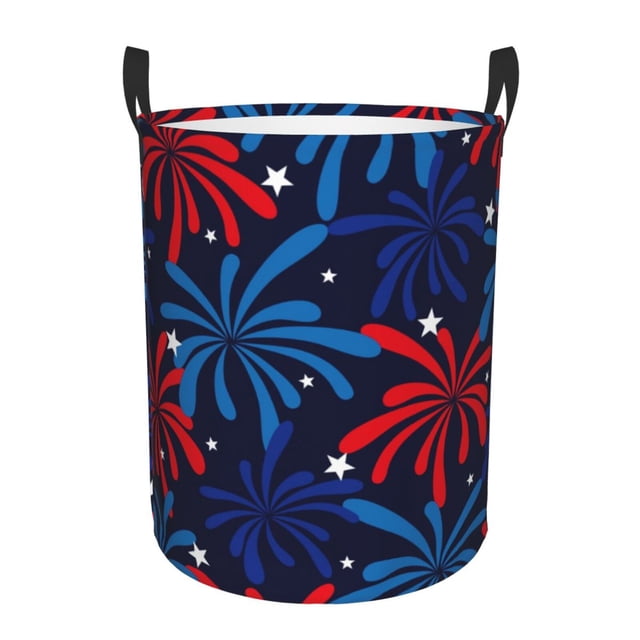 Balery Red White Blue Fireworks Cesta de ropa redonda con asas, impermeable, independiente, para ropa, juguetes, dormitorio y familia-Small