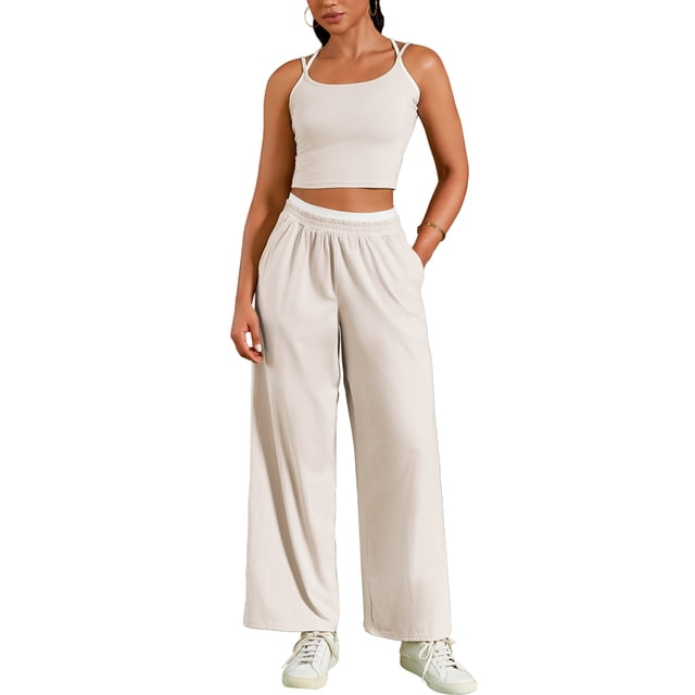 Conjunto de chándal para mujer ATHLECHIC, con tirantes de espagueti, top corto y pantalones rectos XL en color caqui claro