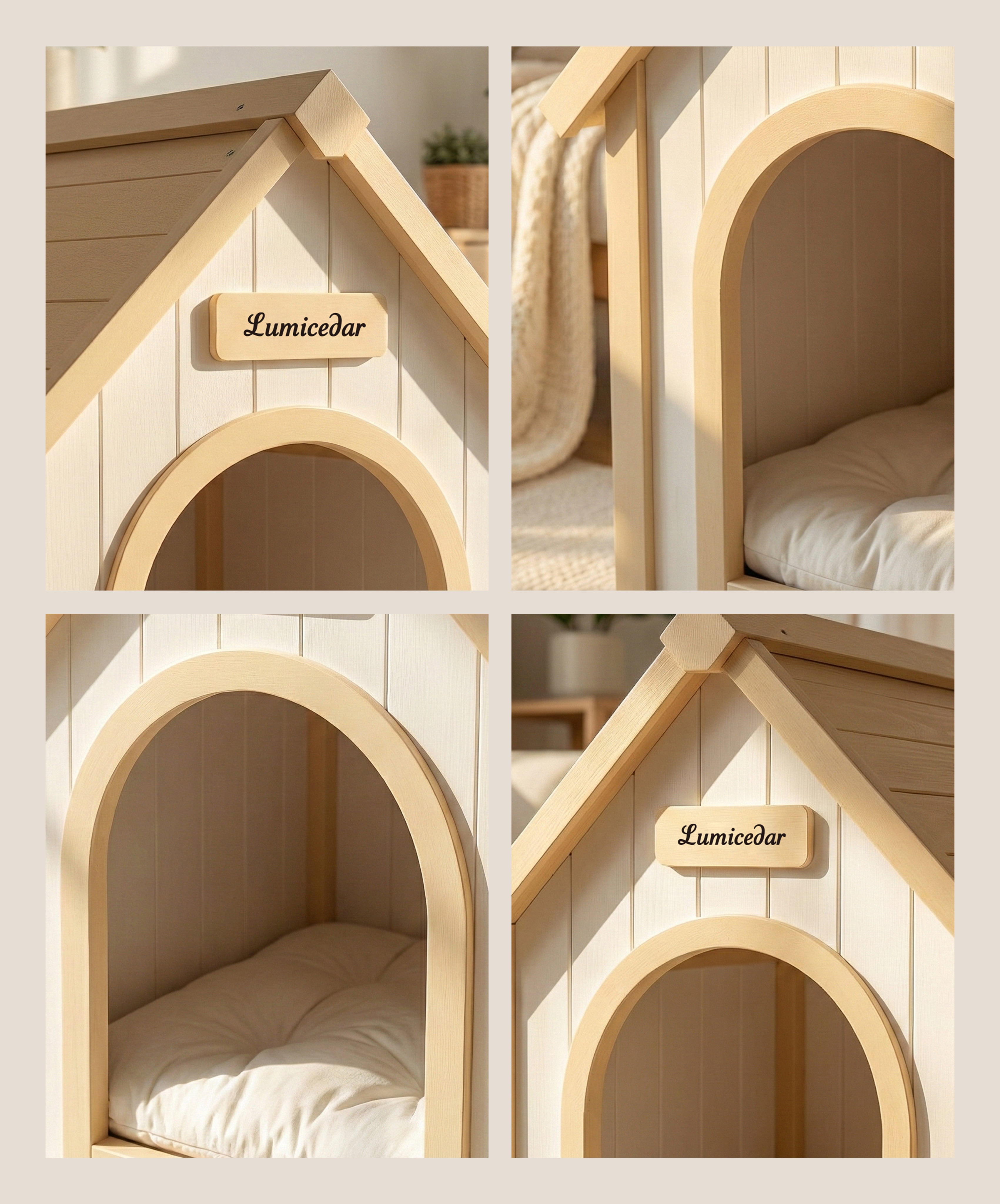 Indoor Wooden Dog House with EVA Cushion, Solid Cedar Furniture-Style Pet House Shelter for Small Dogs and Cats, Scandinavian Design Cozy Retreat for Living Room Bedroom, Creamy White Light Yellow