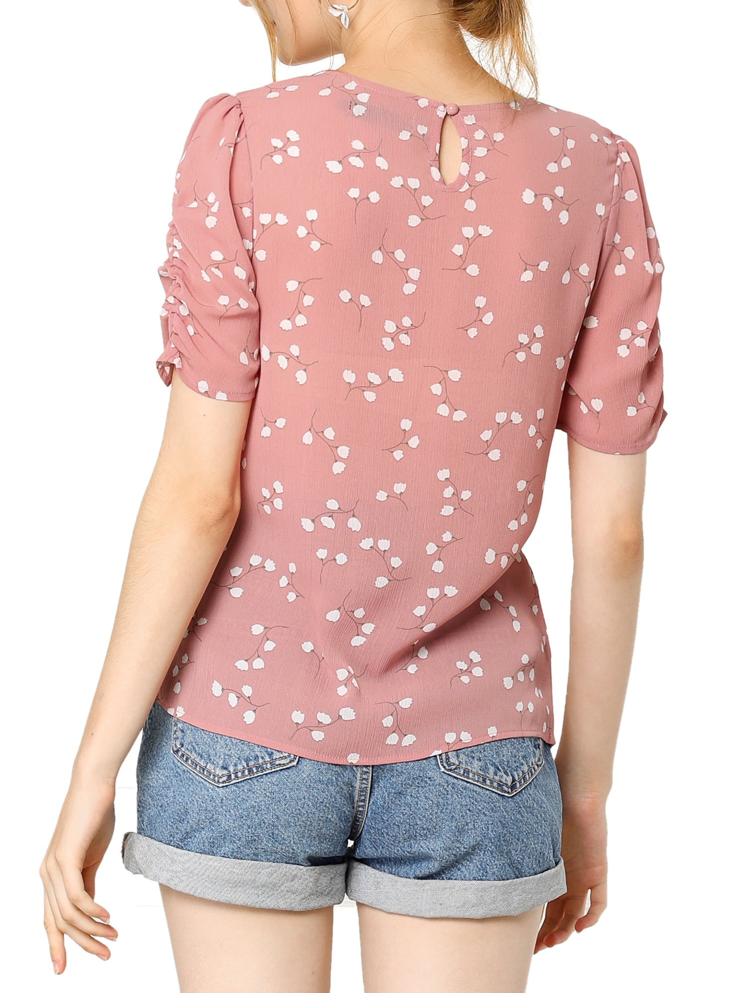 DARING DIVA Floral Crew Neck Shirred Short Sleeve Casual Top L Pink