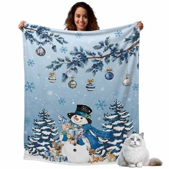 Fleece Blanket Winter Snowman Pine Tree Berry Blankets, Soft Cozy Warm Flannel Throw Blanket, Xmas Ball Elk Bunny Snow Blanket for Bed Couch Sofa,40x50In