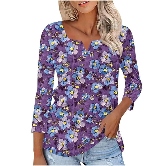 Womens Tops Floral Print 3/4 Sleeve V-Neck Loose Casual Tops T-Shirt Multicolor M,Tops for Women