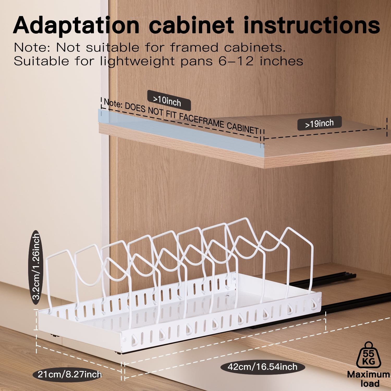 Pull-out Pots and Pans Organizer 1 Pack - Under Cabinet Pot Lid Holder for Kitchen - Bakeware & Dishes Storage Rack with Slide Rails, White