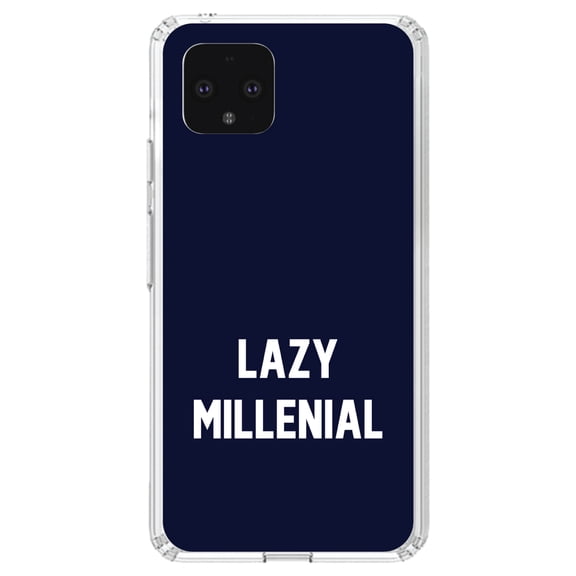 DistinctInk Clear Shockproof Hybrid Case for Google Pixel 4 (5.7" Screen) - TPU Bumper, Acrylic Back, Tempered Glass Screen Protector - Lazy Millenial - Navy & White