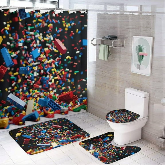 4Pcs Colorful Building Block Brick Shower Curtain Sets with Rugs, Toilet Lid Cover and Bath Mat, Geometric Bathroom Shower Curtains Set with 12 Hooks
