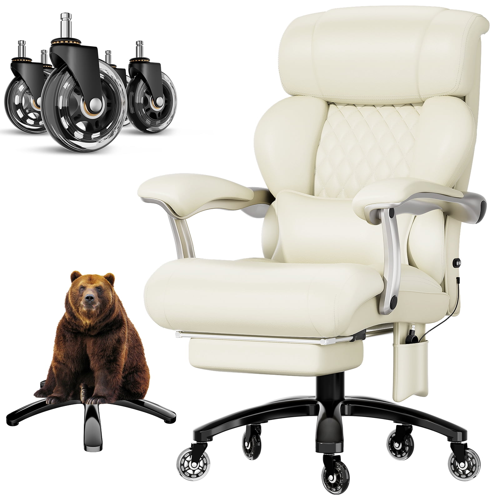 Big and Tall 700LBS Heavy Duty Executive Office Chair with Metal Base, Linkage Armrest, Footrest, Extra Thick Wide Cushion, Silent Rubber Wheels, Cream