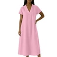 thumbnail image 6 of Eawtki Women's V Neck Short Sleeve Midi Dress With Pockets Loose Fit Casual Summer Linen Blend Dress For Women, 6 of 6