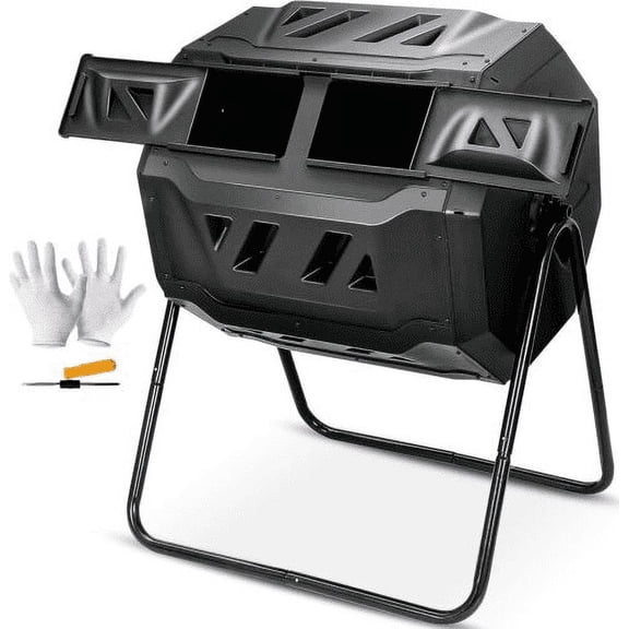 Outdoor Tumbling Composter, 43 Gallon Black Door, Fast Assemble Tumbling Composter, Dual Chamber Composter Tumbler, Rotating Compost Bin for Outside, Backyard, Garden and Yard