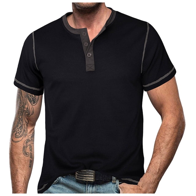 European Color Blocked Button Open Neck Men's Trendy Comfortable Loose Casual Business Short Sleeve T-Shirt