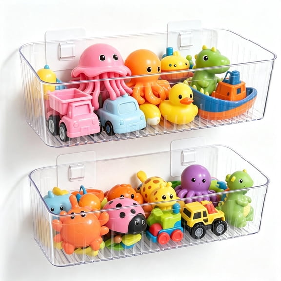 Bath Toy Storage Holder, 2-Pack Clear Shower Organizer for Bathtub, Large Capacity Wall-Mounted Adhesive Caddy, Bathroom Toy Basket for Baby Toddler Kids