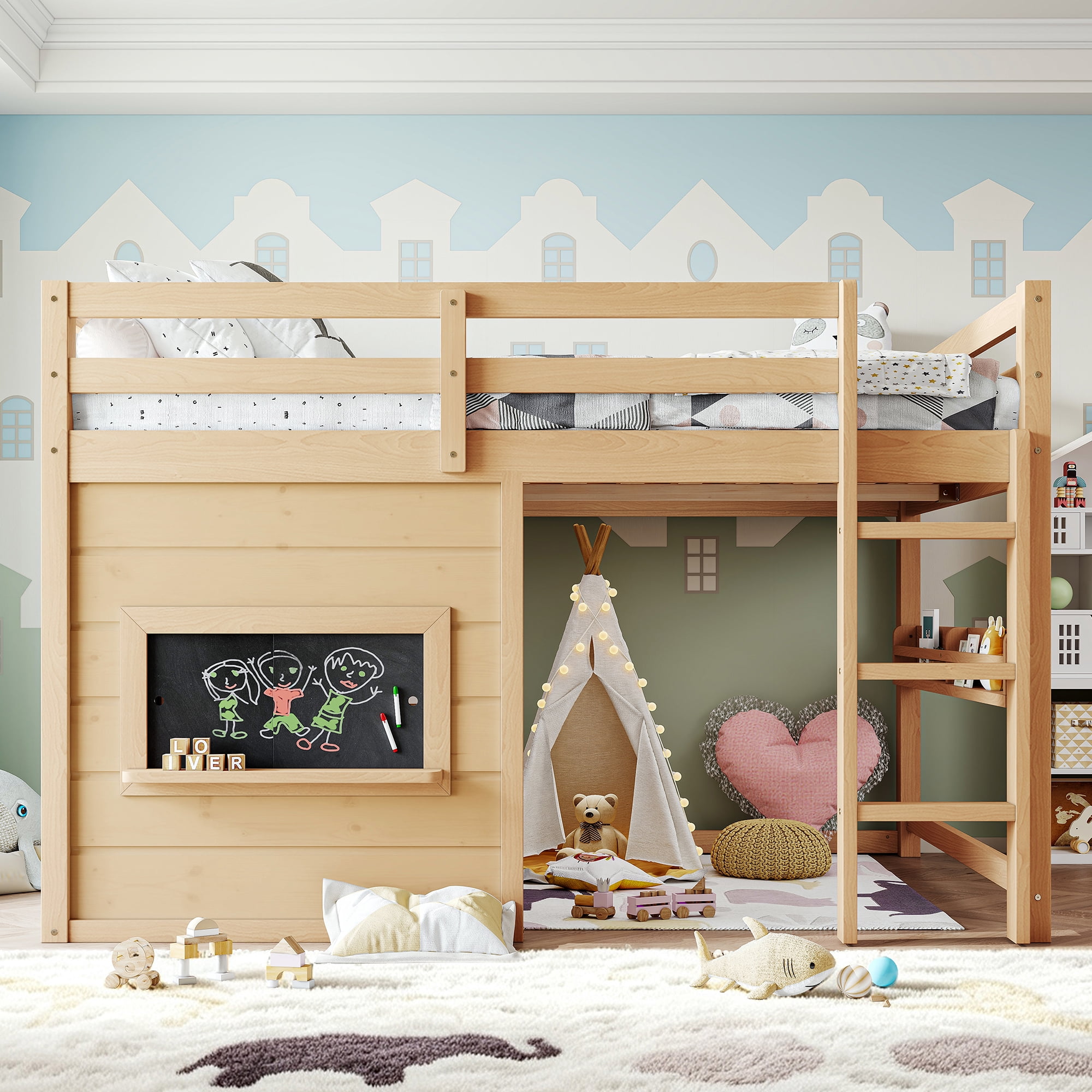 Leumius Full Size Loft Bed with Storage Shelves,Solid Wood Low Loft Bed Frame with Chalkboard and Bookshelf,Space Saving,Light Natural