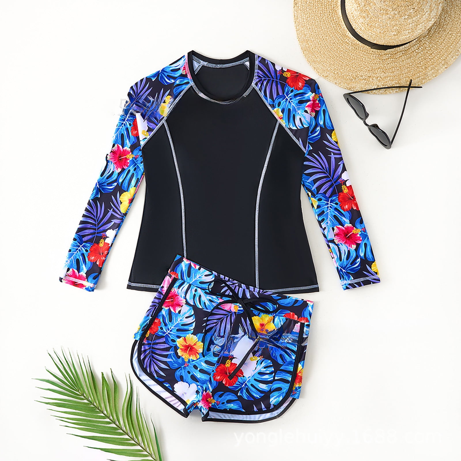 Teen Girl Swimwear Rash Guard Set Cute Long Sleeve Sun Protection