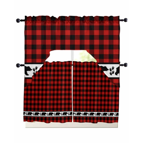 Red Black Plaid Kitchen Curtains Sets 24 Inch Length with Valance, Country Vintage Bear Buffalo Gingham Swag Valances and Tiers Curtain Set Drapes Swag Curtains for Living Room, Bathroom, Bedroom