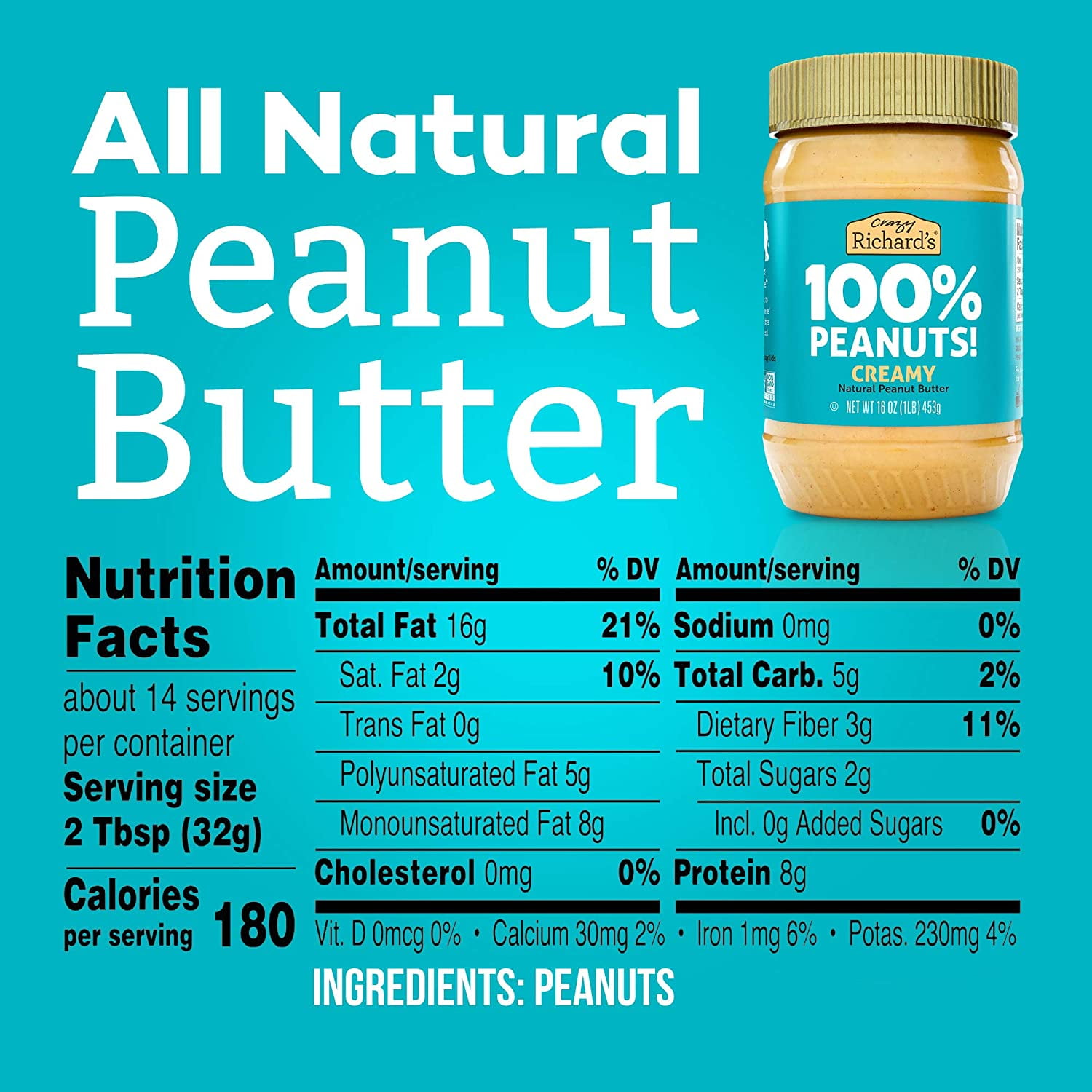 (Pack of 6) Crazy Richards 100% Peanuts Creamy Natural Peanut Butter, 16 oz