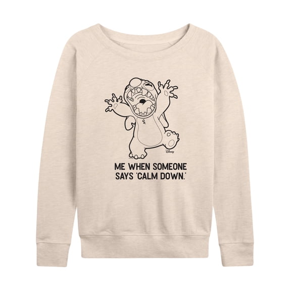 Lilo & Stitch - Calm Down Lightweight French Terry Wide Neck Long Sleeve Graphic Shirt