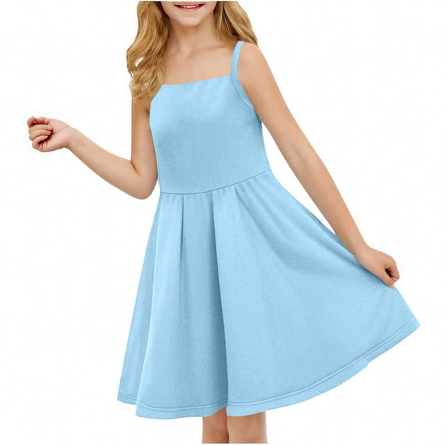 Tranfacy Robe d'Été pour Filles, Robe Camisole pour Filles, Robe Sans Manches Extensible Ligne A Évasée Patineuse pour Récital d'École Robe à Manches Courtes à Col Rond