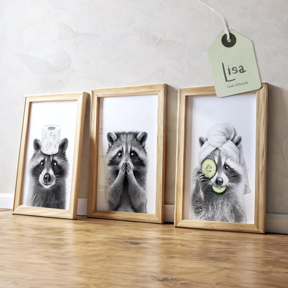 Set of 3 Raccoon Bathroom Prints, Whimsical Animal Wall Art, Kids Bathroom Decor, Funny Bathroom Wall Art, Poster Only