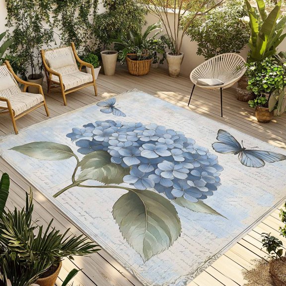 Fsddascl Blue Hydrangea Retro Outdoor Rug for Patio/Deck/Porch, Non-Slip Large Area Rug 5 x 8 Ft, VintageBotanical Floral Blossom Indoor Outdoor Rugs Washable Area Rugs, Camping Rug Carpet