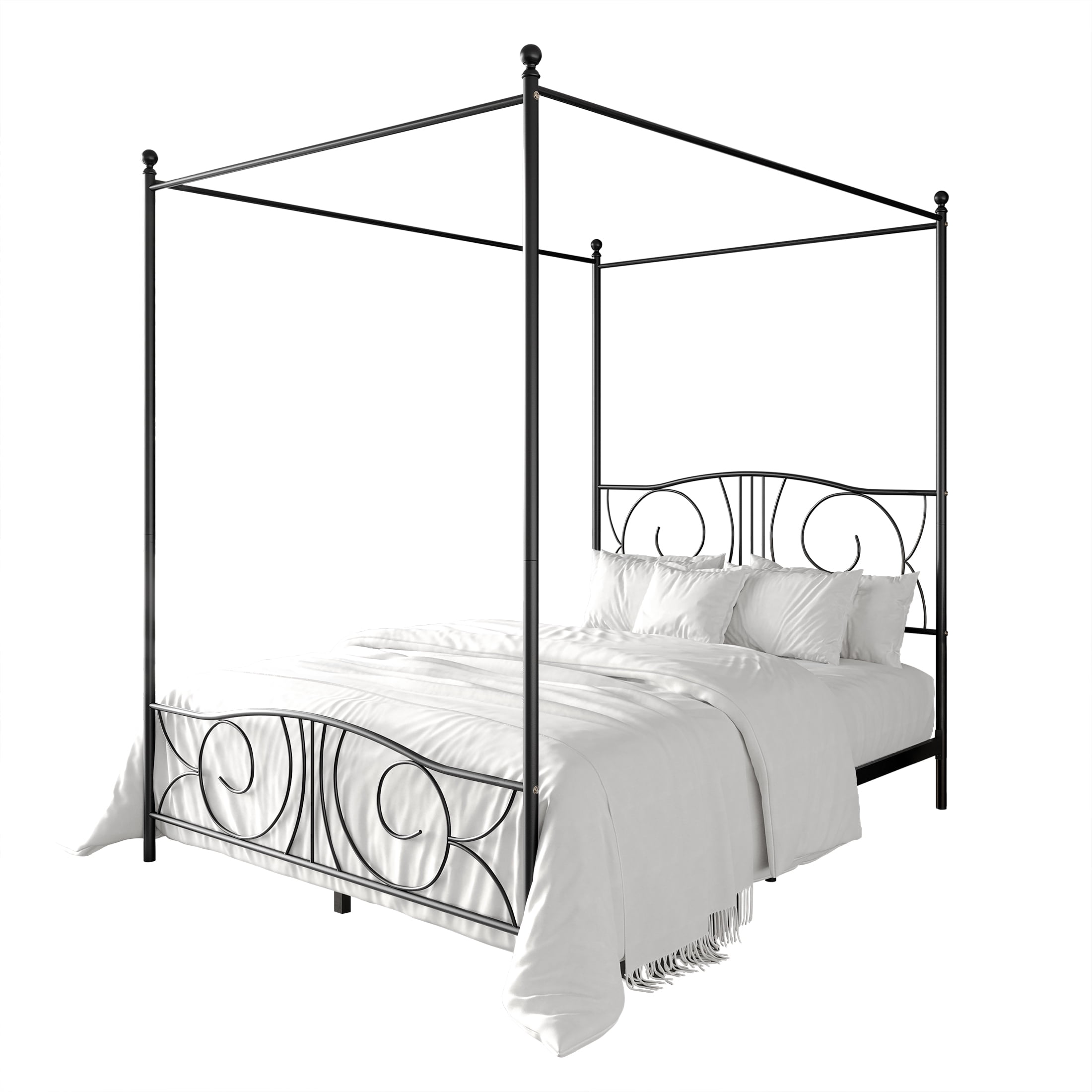 Castle Place Ornate Ironwork Full Metal Platform Canopy Bed, Black