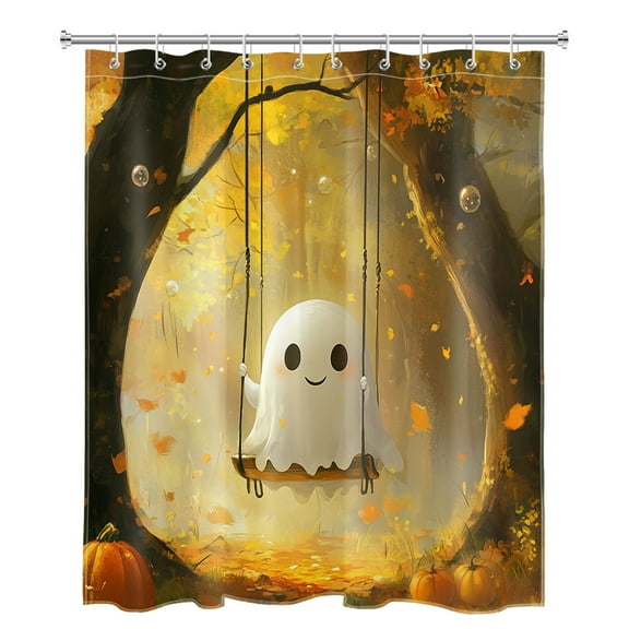 NEONWE Halloween Ghost Shower Curtain Cute Ghost Fall Nature Forest Maple Leaf Autumn Thanksgiving Funny Bathroom Decor, Waterproof Polyester Fabric 72x60 Inch with Hooks