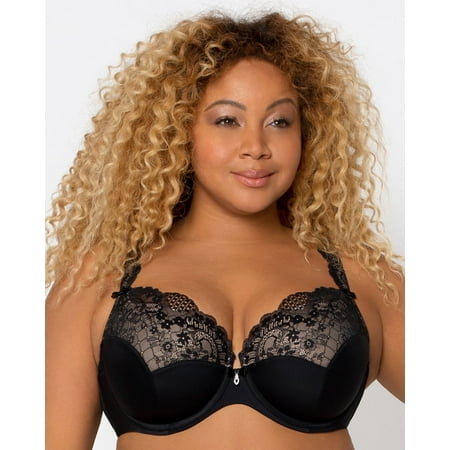 Women s Curvy Couture 1017 Tulip Lace Push Up Balconette Bra (Black 42D)