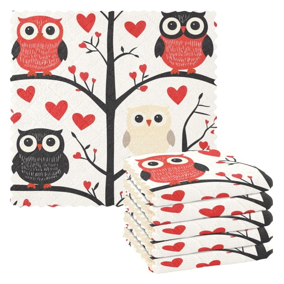 6 Pieces of Kitchen Towels 11x11Inch Kitchen Dish Cloths Kitchen Dish Towels Reuseable Cleaning Cloths Valentine Owl
