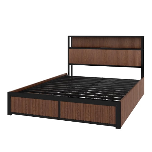 Euroco Wood Queen Size Platform Bed with Drawers, Storage Headboard with USB Ports, Brown