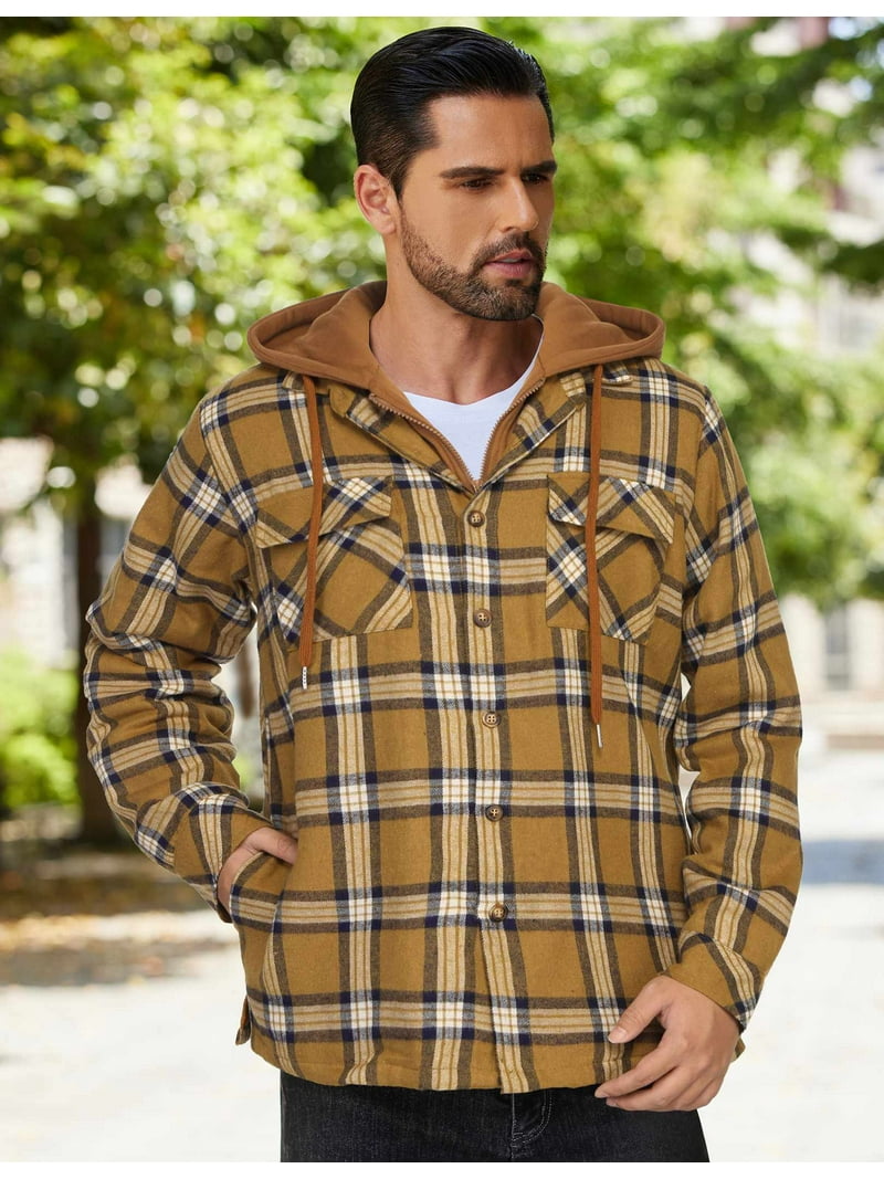 COOFANDY Men's Flannel Shirt Jacket Warm Quilted Lined Hooded Long