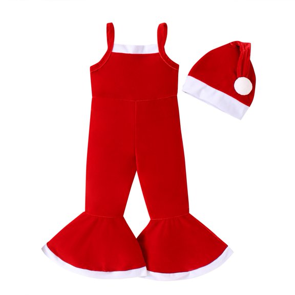 GYRATEDREAM 6M-5Y Toddler Baby Girl Christmas Outfits Bell Bottom Pants Hat for Infant Toddler,Suspender Bell-Bottom