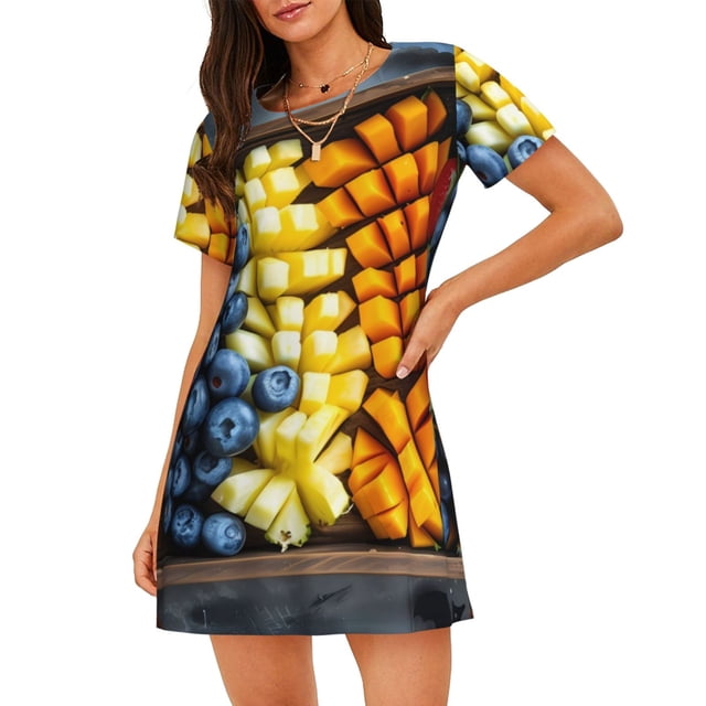 Vsdgher Motif Plateau de Fruits d'Halloween Chemise de Nuit à Manches Courtes Col Rond Mignonne Robe de Nuit Confortable