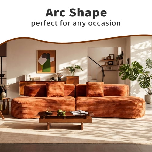 Howcool Boneless Cloud Couch 108.6", Curved Modular Compression Sofa, Deep Seat Corduroy Foam Couch, Sectional Floor Sofa in a Box, No Assembly, 4 Seater, Orange(Thick Sponge)