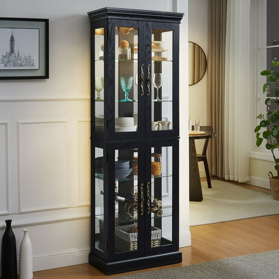 Elegant Lighted Glass Curio Display Cabinet - Wooden Frame Storage for Living Room, Kitchen & Pantry - Includes Light Bulb - Ideal for Wine, Toys & Collectibles - Black