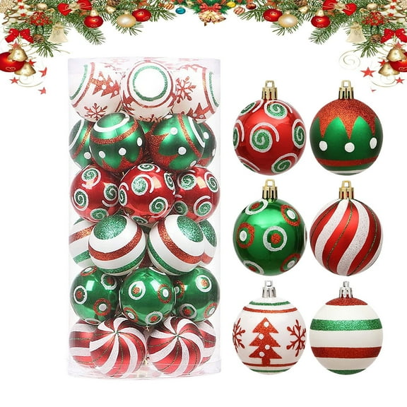 30PC Red And Green Christmas Ornaments Ball,6CM Christmas Ball Ornaments Glittering Hanging Plastic Xmas Balls Christmas Tree Decorations Set Candy Peppermint Swirl Christmas Bulbs Indoor