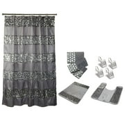 7 Piece Sinatra Silver Shower Curtain, Resin Shower Hooks, 2 Rugs and Towel Set