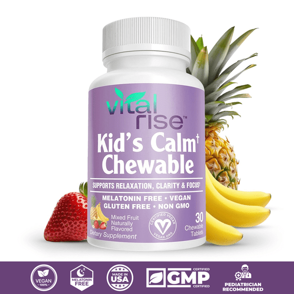 Kids Magnesium Chewable Tablets – Sugar-Free & Melatonin-Free Supplement for Calm, Focus & Healthy Stress Balance with Fast-Absorbing Magnesium L-Theanine, Mixed Fruit Flavor (30 Count)