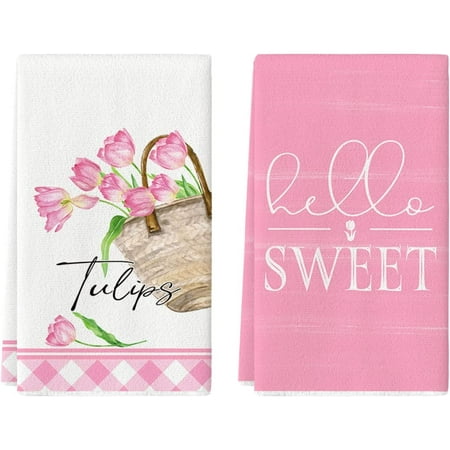 

Tulips Flowers Bloom Hello Sweet Spring Kitchen Towels Dish Towels 18x26 Inch Seasonal Mother s Day Holiday Decoration Hand Towels Set of 2