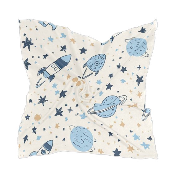 Doodle Space-themed Elements Women's Fashion Soft Scarf Square Satin Head Scarf Neck Scarf Head Hair Wraps