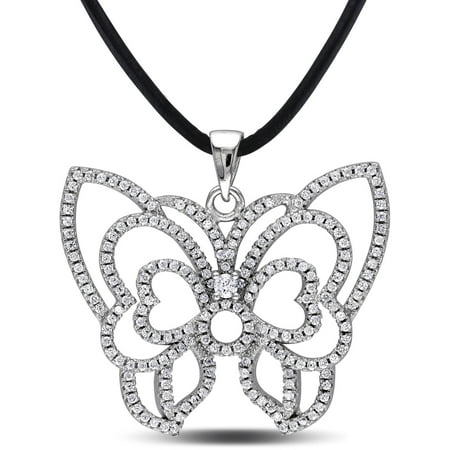 2-2/5 Carat T.G.W. Cubic Zirconia Sterling Silver Butterfly Pendant with 24 Leather Cord