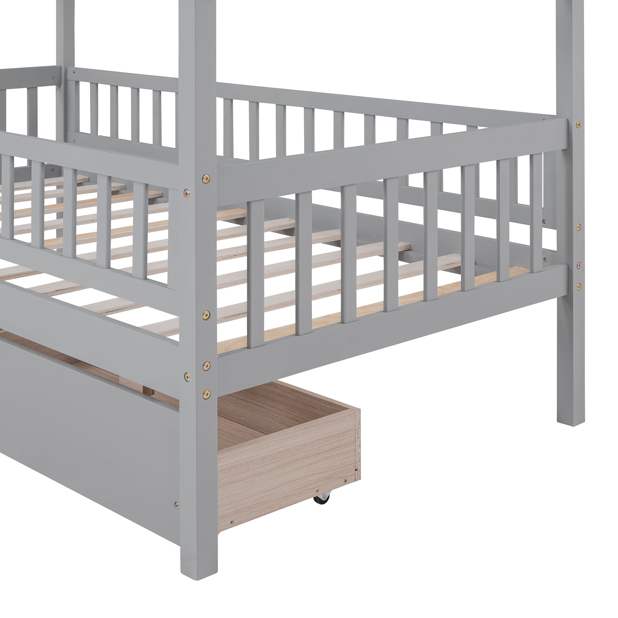 Harper & Bright Designs Twin House Bed with 2 Storage Drawers, Twin Bed Frame with Rails and Roof, Wooden Tent Montessori Bed for Bedroom, Gray