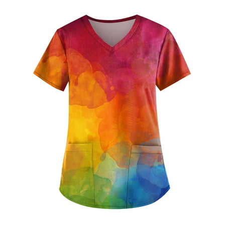 

TKing Fashion Independence Day Women Plus Size Scrubs Top V-Neck Short Sleeve Printed Pockets Work Blouse for Women Wine M