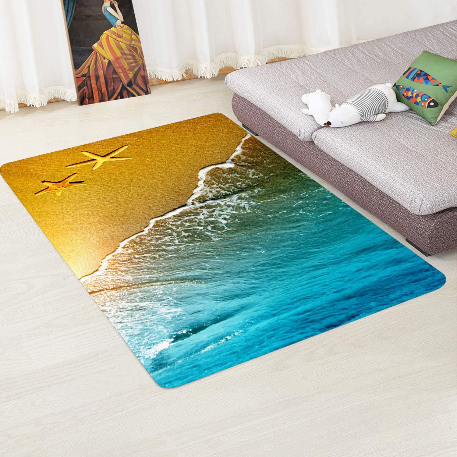 Starfish Beach Sea Water Print Memory Foam Bath Rugs and Doormats Non Slip Absorbent Super Cozy Flannel Bathroom Rug Carpet 4 x 5.2 Foot