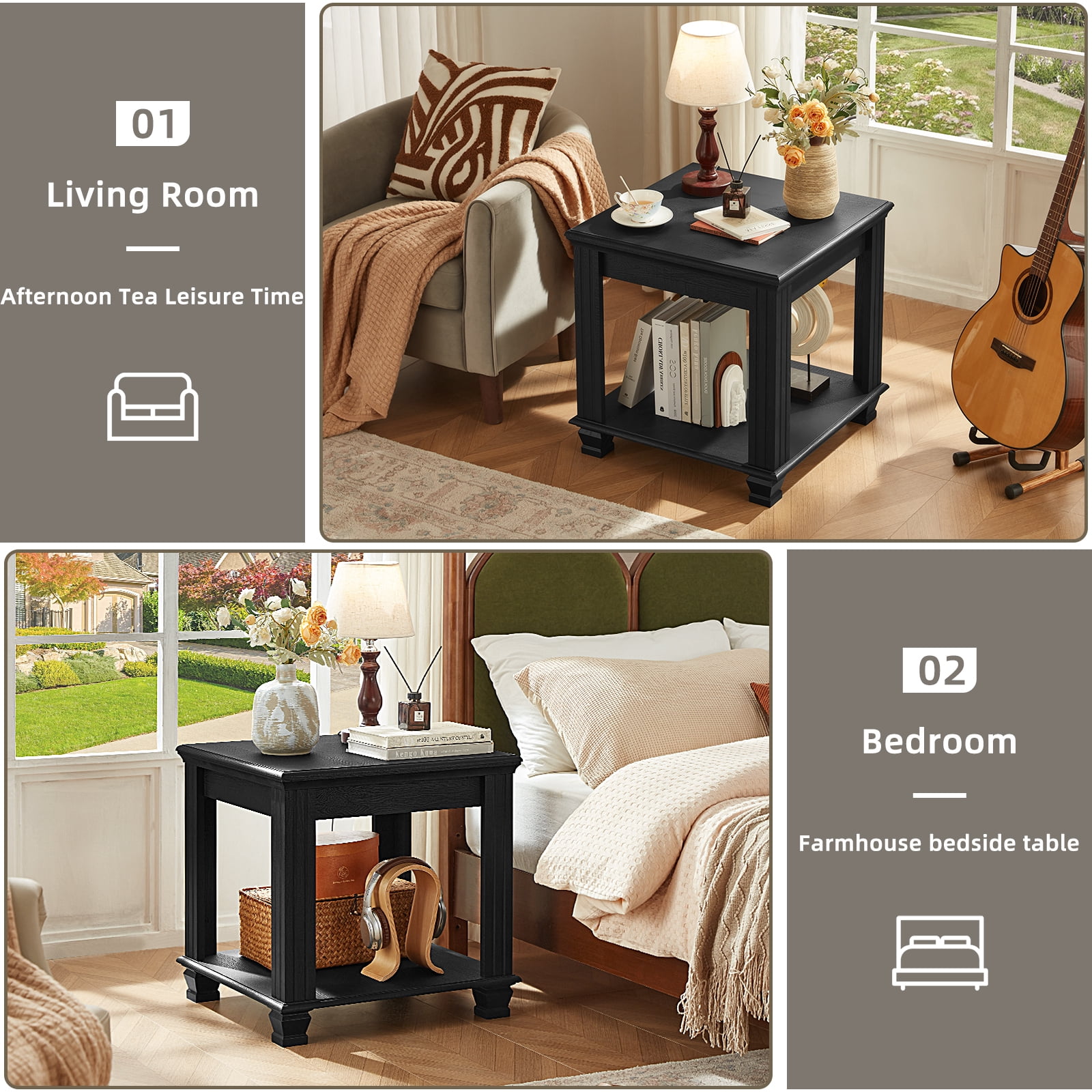 Buildhom Farmhouse End Table, Large 2-Tier Side Table with Storage Shelf, Rustic Brown Square Tea Table for Living Room, Black