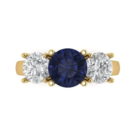 3 cttw Simulated Blue Sapphire 14K Yellow Gold Engagement Ring for Women - 7.5mm Round Cut - Three-Stone Solid Gold