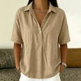 thumbnail image 2 of Women Loose Fit Polo Collar Short Sleeve Button Down Shirt Casual Relaxed Blouse Lightweight Summer Top for Daily Wear Khaki 2XL, 2 of 7
