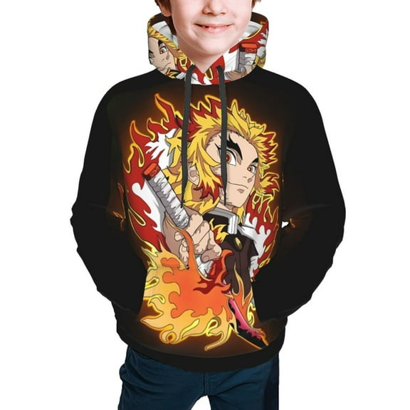Demon Slayer Kyojuro Rengoku Kids' Hoodie 3d Print Sweatshirt Soft Pullover Hooded With Big Pockets For Boys Or Girls Small