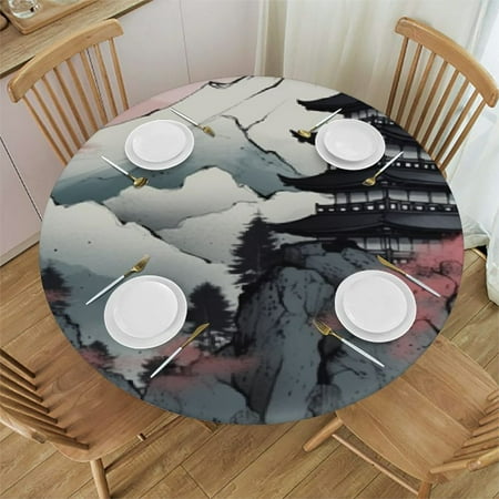 

Ullo0ord Round Fitted Tablecloth with Elastic Table Cover Waterproof Oil Proof Table Cloth for Outdoor Round Table for Picnic Camping Dinner Decor Japanese Tower 42 -46
