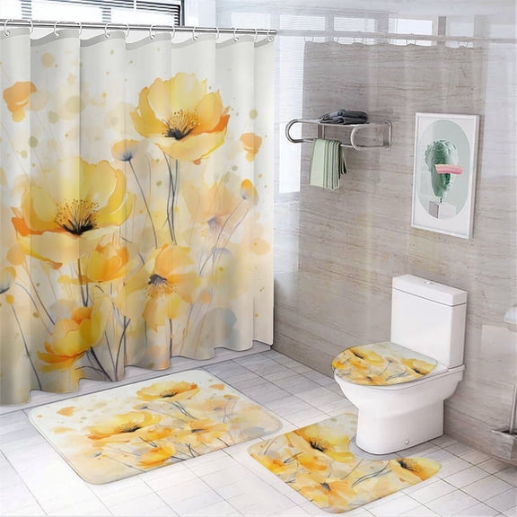 4 Piece Bathroom Rug Set with Shower Curtain with Rugs Toilet Lid Cover And Bath Mat Watercolor Flowers Yellow Waterproof Durable Bathroom Decor Shower Summer Floral for Bathtub Decor