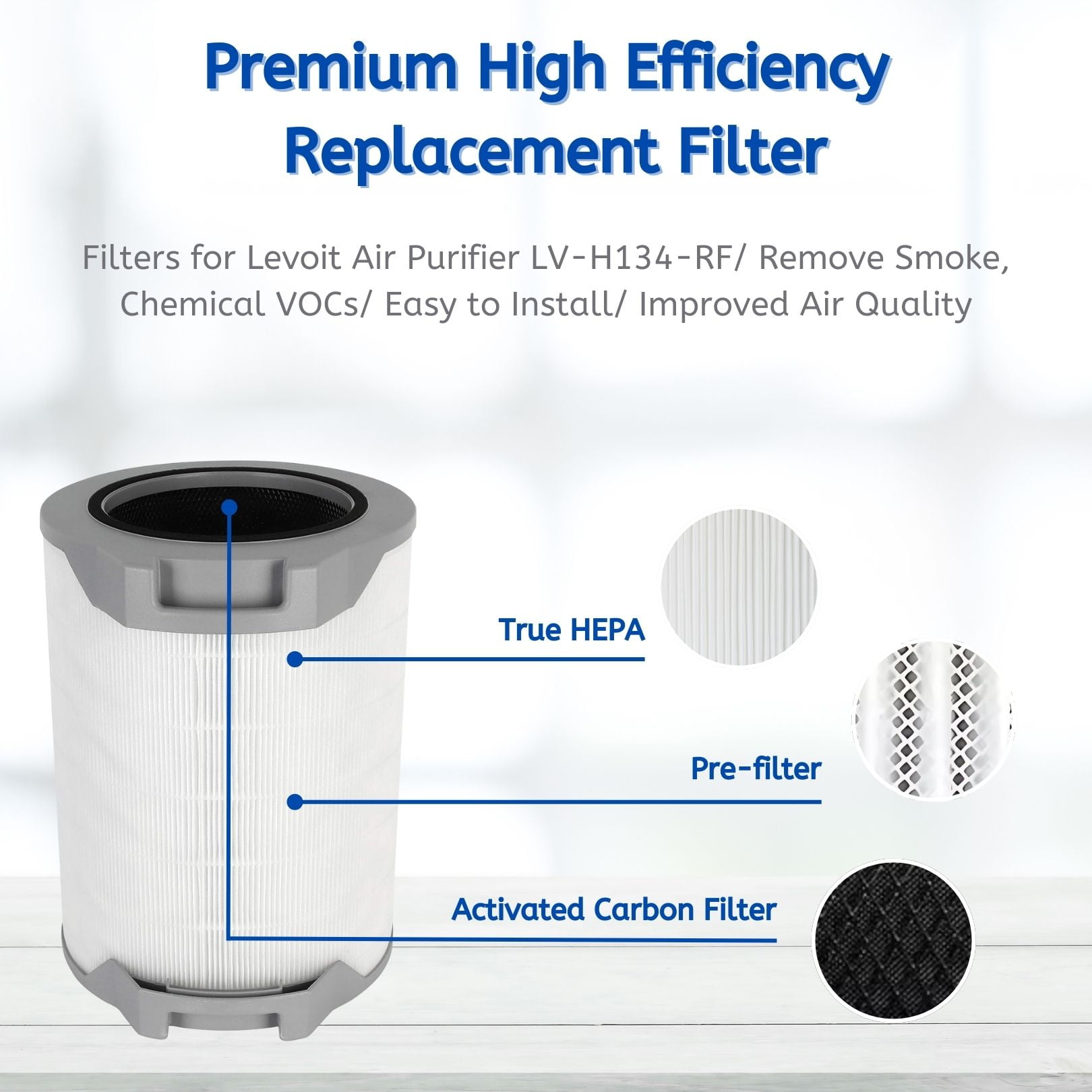 Nispira LV-H134 3-In-1 High Efficiency True HEPA Activated Carbon Premium Filter Replacement for Levoit Air Purifier LV-H134-RF | Remove Smoke, Chemical VOCs | 2 Pack